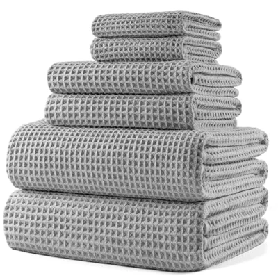 Image of POLYTE Microfibre Oversize, 76 x 152 cm, Quick Dry Lint Free Bath Towel Set, 6 Piece (Light Grey, Waffle Weave)