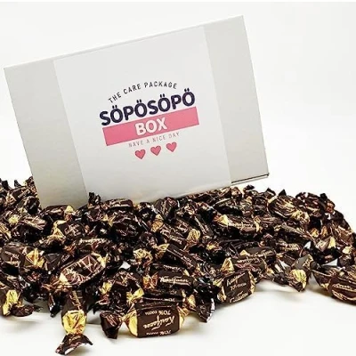 Image of Fazer Karl 70% Dark chocolate 2lb 900g Bag in a Söpösöpö Box Finnish Candy Treat