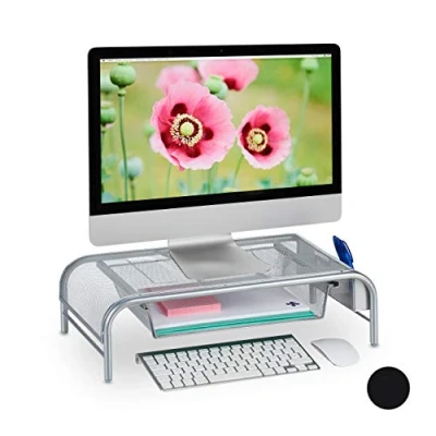 Image of Relaxdays Display Stand, Drawer, 2 Side Compartments, Screen Mount, steel, Silver, HxWxD: 15 x 51 29.5 cm