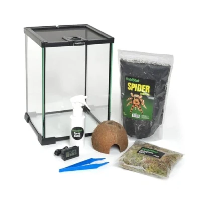 Image of Habistat Invertebrate Starter Kit Includes Glass Terrarium, Digital Compact Thermometer, Coconut Cave, Spider Bedding, Sphagnum Moss, Plastic Tongs &amp; Spray Bottle Easy Set Up, Black