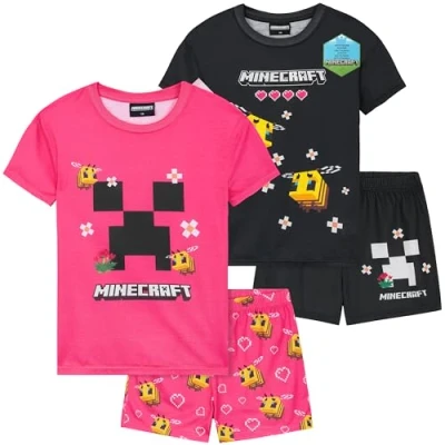 Image of Get Trend Minecraft PJs for Girls Pack of 2 Short Sleeve Pyjamas Set Kids Teens Creeper Lounge Sets Nightwear Soft Comfy Sleepwear Gifts (11 12 Years, Black/Pink Minecraft)