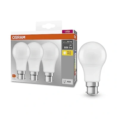 Image of OSRAM Base Classic A 60 FR Led Lamp with B22D Base, Bulb Shape, Triple Pack, 8.5W, 806Lm, 2700K, Warm White Light, Low Heat Output, Very Energy Consumption, Long Life