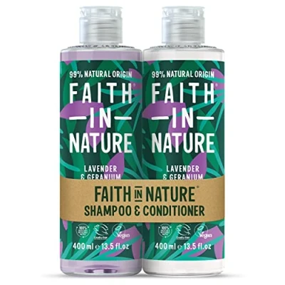 Image of Faith In Nature Natural Lavender &amp; Geranium Shampoo and Conditioner Set, Nourishing, Vegan Cruelty Free, No SLS or Parabens, For Normal to Dry Hair, 2 x 400ml