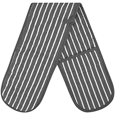 Image of Double Oven Gloves Butcher Quilted Stripe Heat Resistant Mitts Pot Holder Mitt 100% Cotton For Baking and Cooking Grey Glove