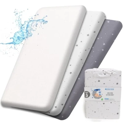 Image of Next to Me Crib Sheets 55x90 cm 3 Pack, 1 Waterproof Mattress Protector 2 Fitted GOTS Certified 100% Organic Cotton Ultra Soft Baby Bedding Fits Chicco, Joie, Tutti Bambini, Maxi Cozee