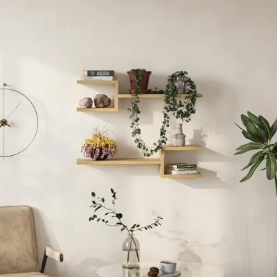 Image of HOCUS PICUS Fork Stylish Floating Shelves Set of 2, Modern Display Living Room, Office Organiser for Book &amp; Accessory Storage Wall Mounted with Multi Colour Option (Oak)