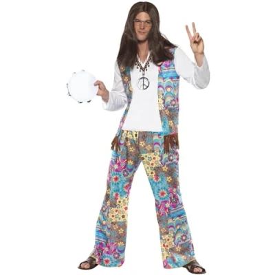 Image of Smiffys Groovy Hippie Costume, Multi Coloured Top with Attached Waistcoat, Trousers and Headband, 1960&#039;s Fancy Dress, Adult Dress Up Costumes