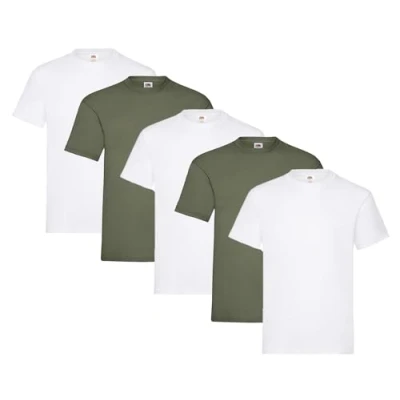 Image of Fruit of the Loom Men&#039;s T Shirt Pack 5 Heavy Cotton M L XL XXL 3XL Various Colour Sets, 3 x white + 2 olive 1 Hl Kauf notepad,