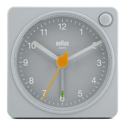 Image of Braun Classic travel Analogue Alarm Clock with Snooze and Light, Compact Size, Quiet Quartz Movement, Crescendo Beep in grey, model BC02XG