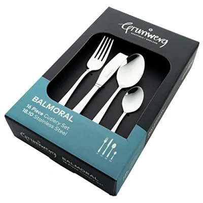 Image of Grunwerg Balmoral 16 Piece Boxed Mirror Cutlery Set, 18/10 Stainless Steel, 4 x Table Knives, Forks, Dessert Spoons, Teaspoons