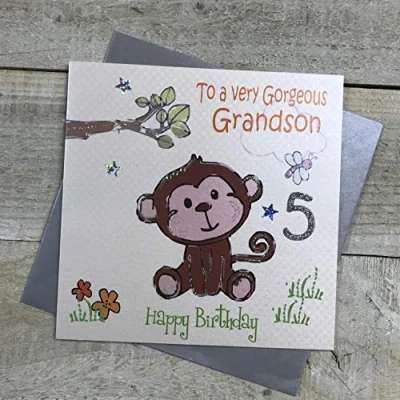 Image of white cotton cards Cheeky Monkey, To A Very Gorgeous Grandson 5 Happy Handmade 5th Birthday Card, White, GL224