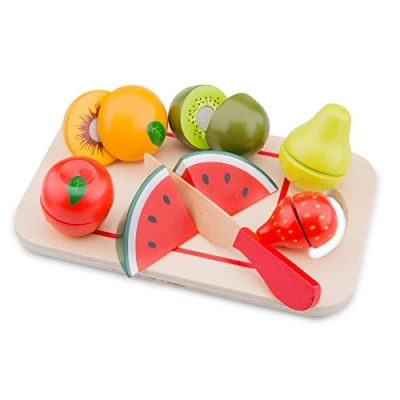 Image of New Classic Toys 10579 Wooden Pretend Play Kids Cuttable Fruit Set on Board Cooking Simulation Educational Perception Toy for Preschool Age Toddlers Boys Girls, Multi Color