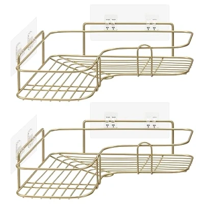 Image of Navaris Corner Shower Caddy Set of 2 No Drilling Bathroom Shelves Self Adhesive Wall Mounted Basket Shelf Storage Organiser Holder Racks Gold
