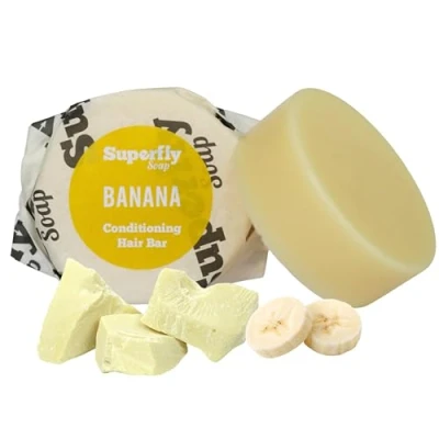 Image of Natural Hair Conditioner Bar by Superfly Soap. Banana Fragrance. Handmade, Vegan friendly &amp; Plastic free. 98% naturally derived ingredients.