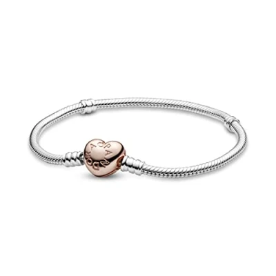 Image of PANDORA Moments Women&#039;s 14k Rose Gold Plated and Sterling Silver Heart Clasp Snake Chain Bracelet for Charms, Size 17, No Box