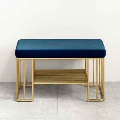 Image of MARIYCH Upholstered Shoe Storage Bench, 2 Tier Entryway Bench with Velvet Seat and Gold Frame, Rack for Entryway, Hallway