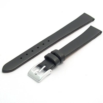 Image of Fine Calf Leather Watch Strap Band 8mm Black with Chrome (Silver Colour) Buckle. Free Spring Bars (Watch Pins)