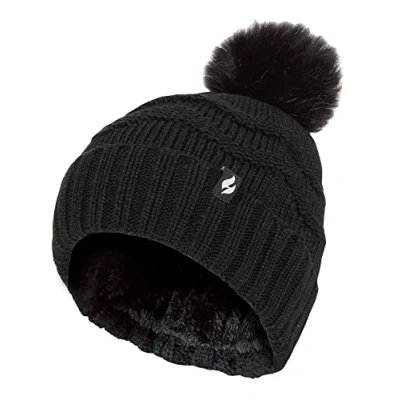 Image of HEAT HOLDERS Ladies Winter Fur Beanie Hat Zigzag Patterned Pom Womens Thermal Cuff Bobble (One Size, Black)