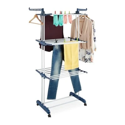 Image of Relaxdays Folding Clothes Airer, 4 Tier Portable Drying Rack, Hanger with Casters Garment Laundry for Indoor Outdoor, Steel, Plastic