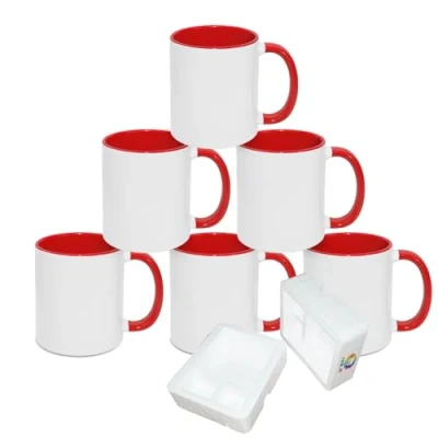 Image of MR.R 11oz Sublimation Blank Coffee Mugs,Cup White Mug Cup with Red Color Inner and Handle,Set of 6