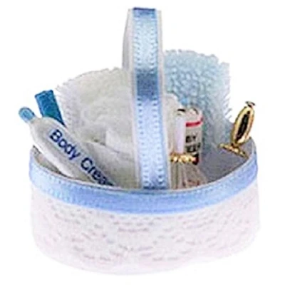 Image of Melody Jane Dolls House Blue Toiletry Cosmetics Basket 1:12 Miniature Bathroom Accessory