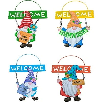 Image of PMS Set of 4 Gonk Gnome Hanging Metal Welcome Sign Garden Ornament Decoration