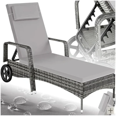Image of TecTake® Rattan Garden Sun Lounger, 6 Level Adjustable Backrest, Plastic Weave, Outdoor and Indoor Use, Easy Care Recliner Chair with Padding &amp; Cushion, Rubber Wheels grey