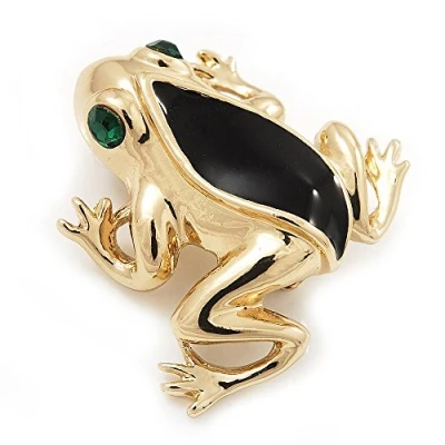 Image of Avalaya Small Black Enamel &#039;Frog&#039; Brooch in Gold Plated Metal 2.5cm Length