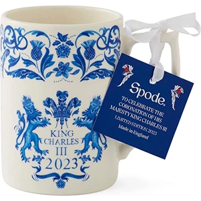 Image of Portmeirion Home &amp; Gifts Spode King Charles III Coronation Single Mug 340ml Blue White Pattern UK Made