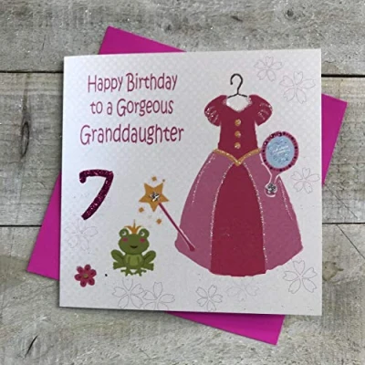 Image of White Cotton Cards Pink, Princess Dress, Happy Gorgeous Granddaughter 7&quot; Handmade Girls 7th Birthday Card, GL242 7