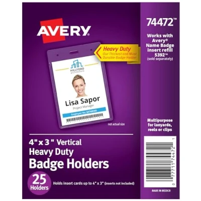 Image of Avery Heavy Duty Badge Holders, 4&quot; x 3&quot;, 25 Vertical ID Holders (74472)