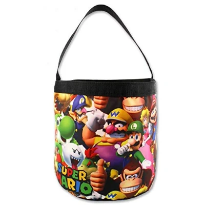 Image of SUPER MARIO Brothers Collapsible Nylon Gift Basket Bucket Tote Bag, Black/Multi, One Size
