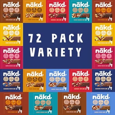 Image of Nakd Bars 72 Fruit and Nut x 30 35g. Low Calorie Snacks. Breakfast Bars. Snack that are Vegan Bars, Dairy Free, Wheat Gluten Free (Nakd Bar)
