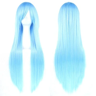 Image of Fouriding 32&quot; Water Blue Women&#039;s Long Straight Full Wigs Costume Synthetic Hair Hairpieces with Oblique Bangs for Halloween Anime Cosplay Party Girl Women +Wig Cap