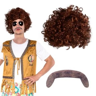 Image of SKHAOVS Brown Perm Tash Fancy Dress Wig 70s 80s Heavy Metal Disco Hippie Costume Set Short Curly Fluffy Cosplay Dude Punk Rocker Character with Fake Mustache (Brown)