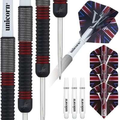 Image of Unicorn Darts Set James &#039;The Machine&#039; Wade 80% Tungsten Barrels with Two Tone Black Titanium Coating &amp; Red Ring Accents Steel Tip Volute Points 20 g