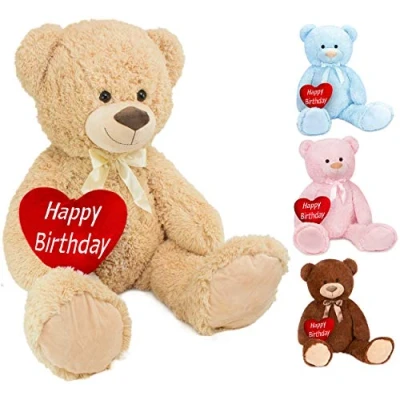 Image of BRUBAKER XXL Teddy Bear Beige 40 Inches Tall Holds Heart Pillow with &#039;Happy Birthday&#039; Lettering
