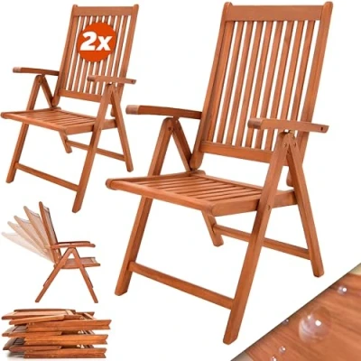 Image of CASARIA® 2x Vanamo High Back Wooden Garden Chairs FSC® Certified Eucalyptus 5 Position Backrest 160kg Capacity Folding Armchairs Outdoor Dining Wood Patio Furniture Set