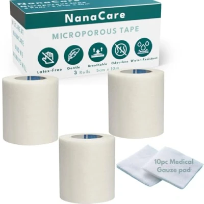 Image of NanaCare Microporous Surgical Tape 5cm x 10m 3 Rolls Micropore Medical for Skin, Dressings and Face First Aid Suitable Sensitive Skin