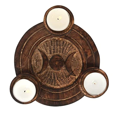 Image of Enchanting Brown Wood Triple Moon Tea Light Candle Holder 2.5cm x 17.2cm (1 Pc) Exquisite Decoration, Quality Craftmanship Ideal for Spiritual Home Decor