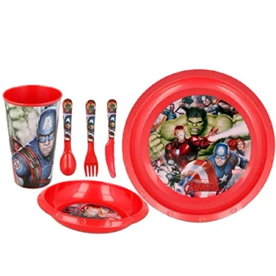 Image of Avengers 6pc Breakfast Set Inc Plate, Tumbler, Bowl, Knife,Fork and Spoon re usable Plastic