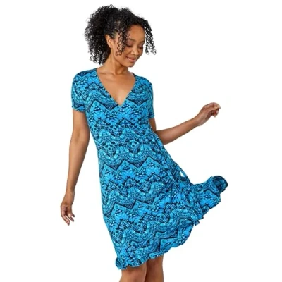 Image of Roman Originals Stretch Wrap Dress for Women UK Ladies Fit &amp; Flare Skater Summer Spring Holiday V Neckline Comfy Short Sleeve Soft Knee Length Frock Everyday Gowns Petite Blue Size 18