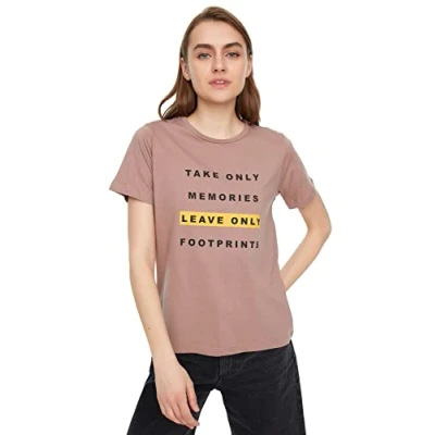 Image of Trendyol Women&#039;s Woman Fitted Standard Crew Neck Knit T shirt Shirt, Mink Color, XS UK