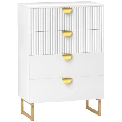 Image of HOMCOM Bedroom Chest of Drawers with Gold Tone Handle, Modern Fluted 4 Drawer Dresser Metal Legs for Living Room, Hallway, White