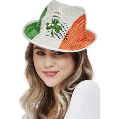 Image of Smiffys Paddy&#039;s Day Irish Flag Sequin Trilby Hat with Shamrock Motif, St Patricks&#039; Fancy Dress, Adult Dress Up Hats