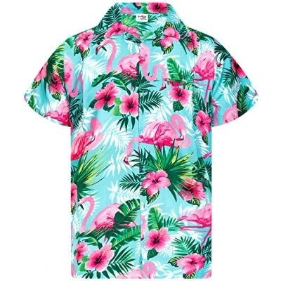Image of King Kameha Mens Flamingo Flowers Short Sleeve Hawaiian Shirt Novelty Summer Vibes, Flowers, Turquoise Pink, XL