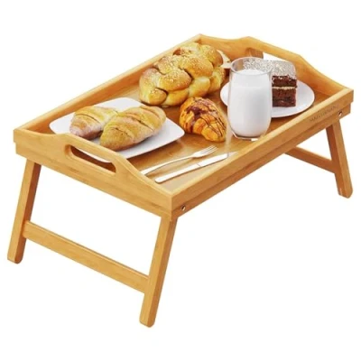 Image of Mantraraj Bamboo Bed Tray Table with Foldable Legs And Handles Breakfast for Sofa, Bed, Eating, Platters, Working, Serving, Drawing, Laptop Stand, Wooden Snack Used As Lap (Natural)