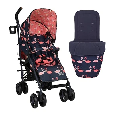 Image of Cosatto Supa 3 Pushchair with Footmuff Lightweight Stroller from Birth to 25Kg Easy, Compact, Umbrella Fold, Large Shopping Basket, Carry Handle Footmuff, Pretty Flamingo