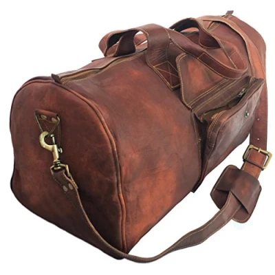 Image of 24 Inch Rustic Goat Real Leather Duffel Bag Vintage Travel Overnight Weekend Holdall Brown Large Luggage Carry On by KK&#039;s