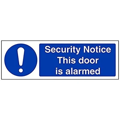 Image of V Safety Security Notice This Door is Alarmed Sign Landscape 300mm x 100mm Self Adhesive Vinyl, Blue, 18076AX S